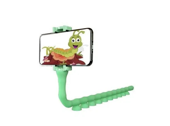 Flexible mobile phone holder with suction cup on desktop showing 360-degree rotation