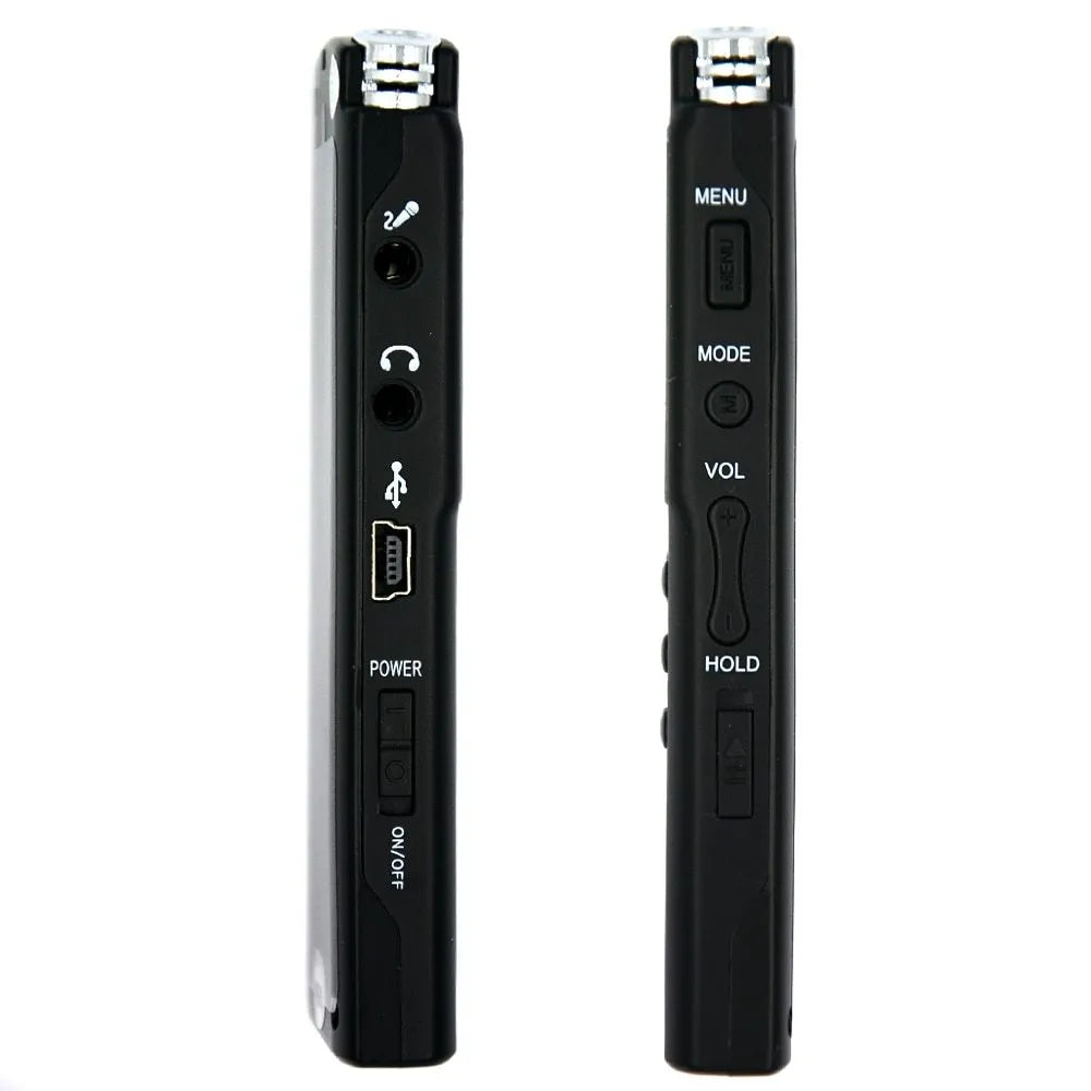Compact black USB voice recorder for professional telephone and microphone audio recording.