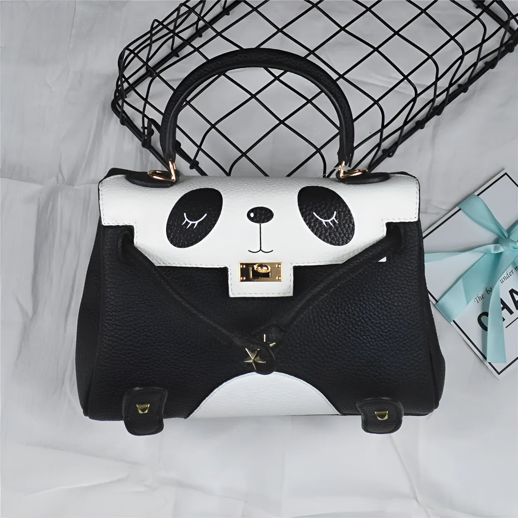 Panda printed cow leather handbag in horizontal square shape, sweet lady style pattern