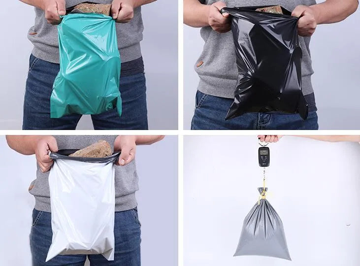 Bundle of 100 white self-seal PE courier bags with size and colour options shown.