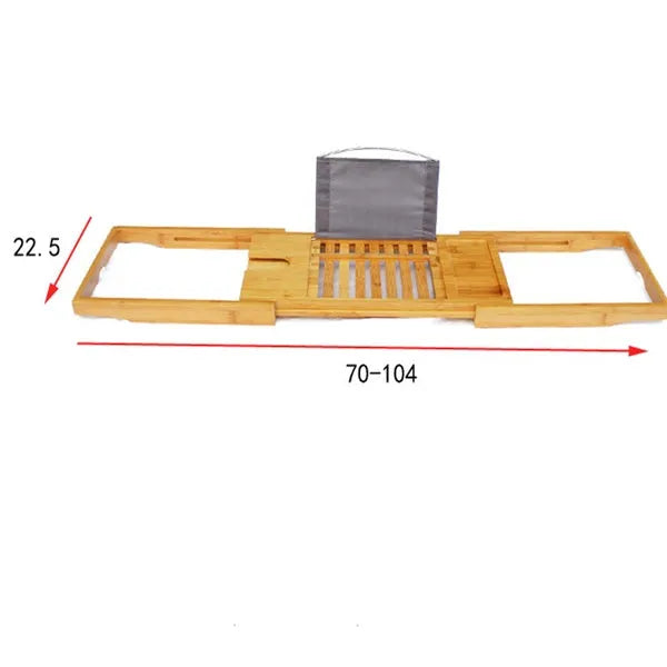 Natural bamboo freestanding shelf unit for bathtub side storage.