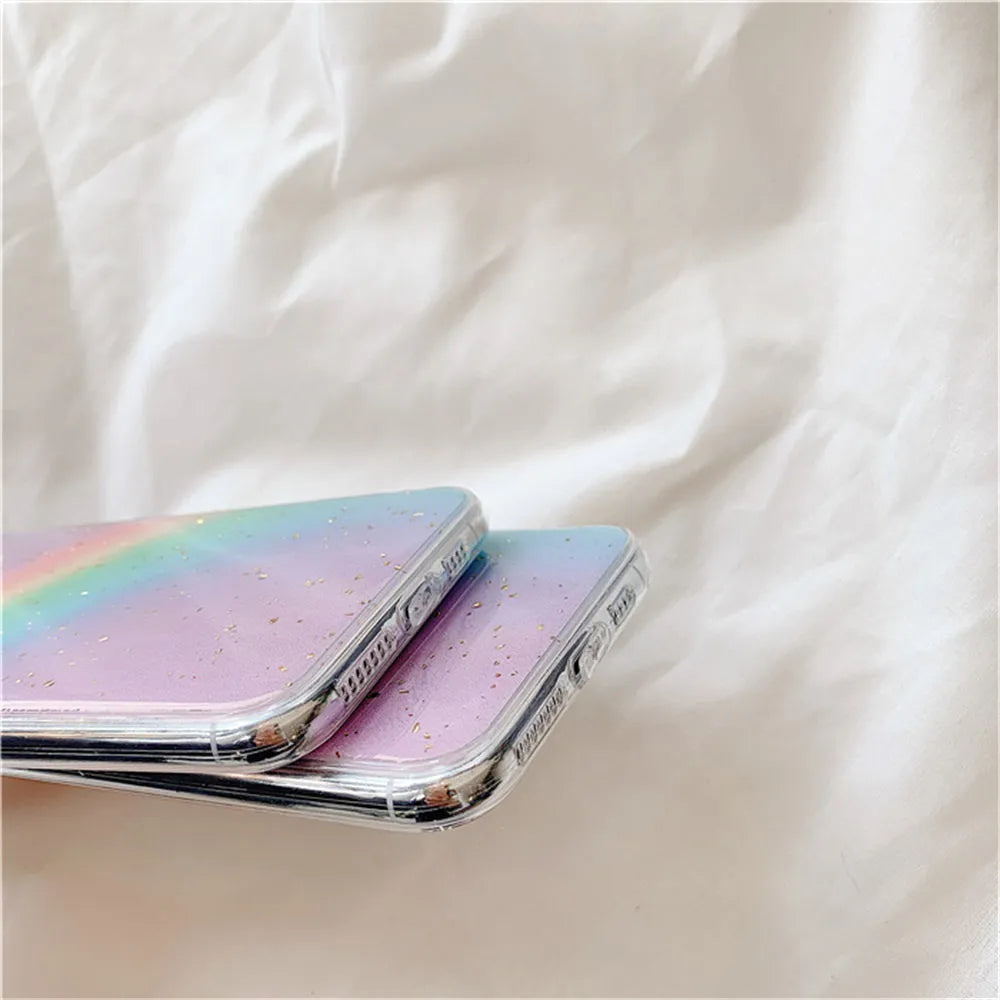Rainbow colour gradient stripe pattern on a flexible TPU protective case for an iPhone.