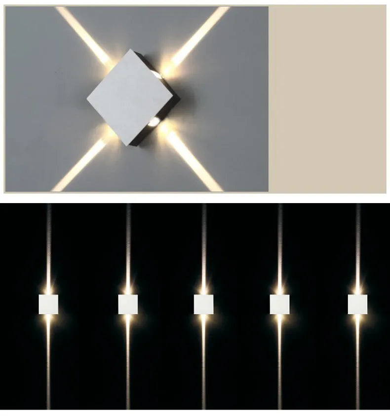 Modern square or round LED aluminium wall light with iron shade showing warm white illumination