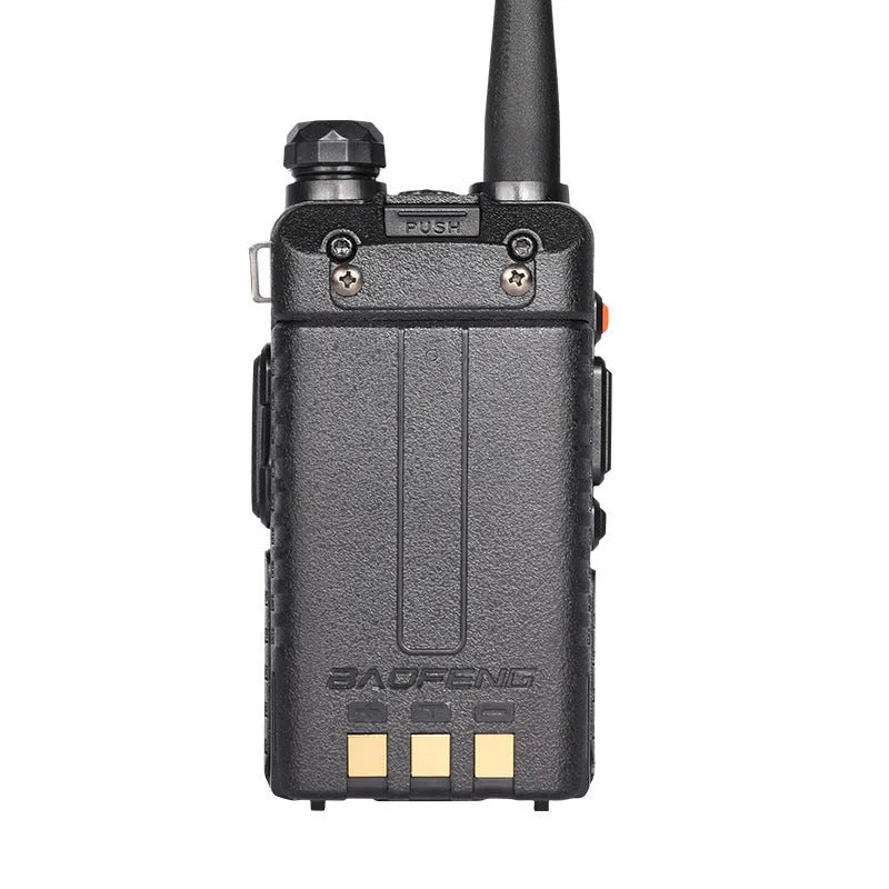 Black handheld VHF UHF walkie talkie with antenna, showing compact 110x58x32mm dimensions.