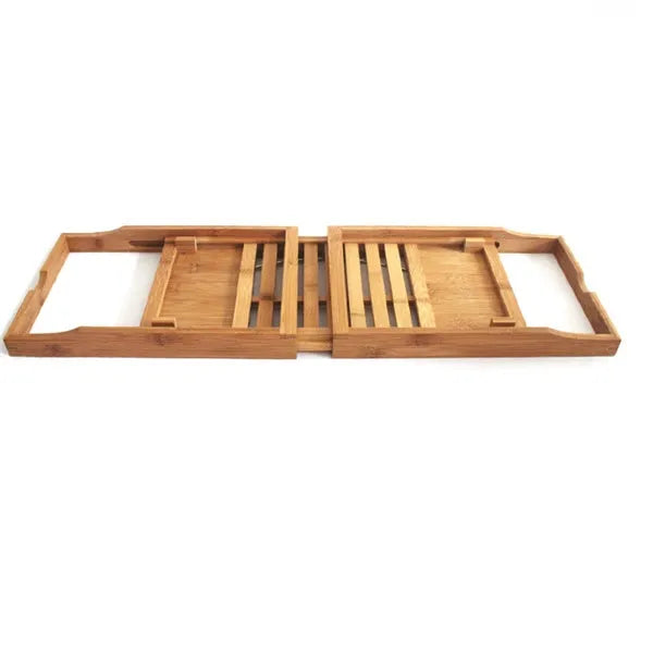 Natural bamboo freestanding shelf unit for bathtub side storage.