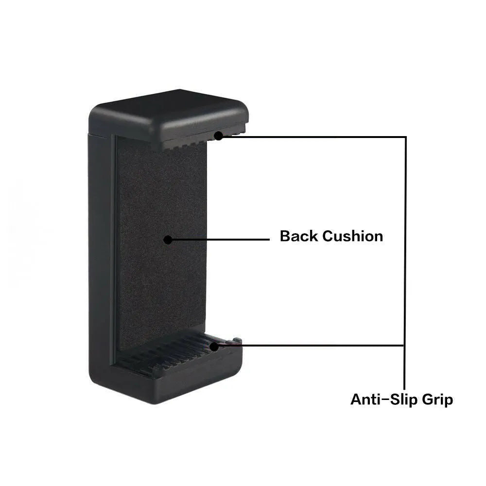 Black plastic phone holder with rotating clamp and universal folder mount on flat surface