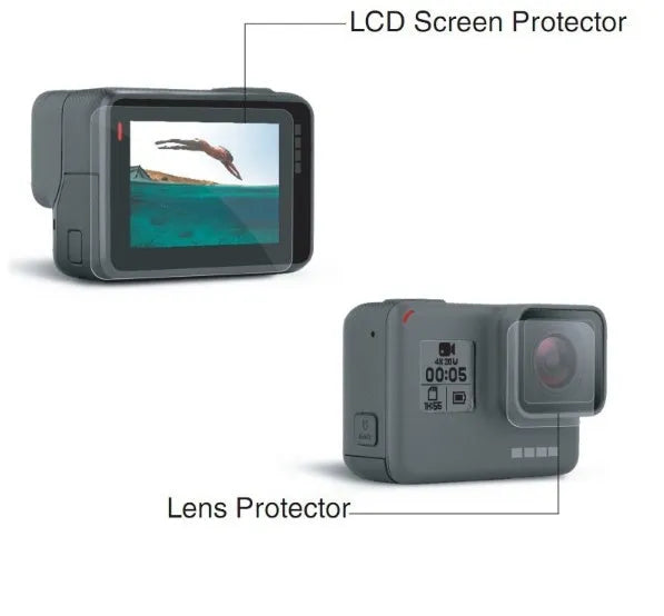 GoPro Hero camera with transparent 9H tempered glass screen protector and lens protector film kit.