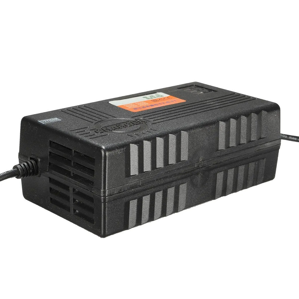 72V20AH electric car charger with aluminium housing showing dimensions and plug connections