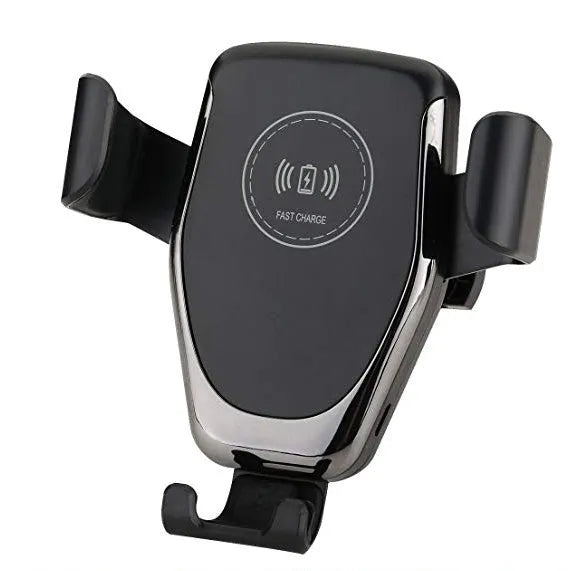 Black wireless car charger mounted on dashboard charging an iPhone