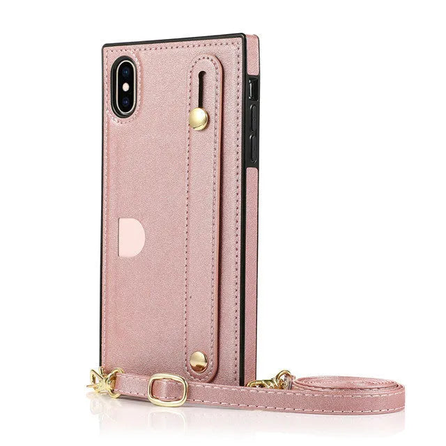 Leather iPhone case with card slots and wristband in black, red, rose gold, green or purple colours