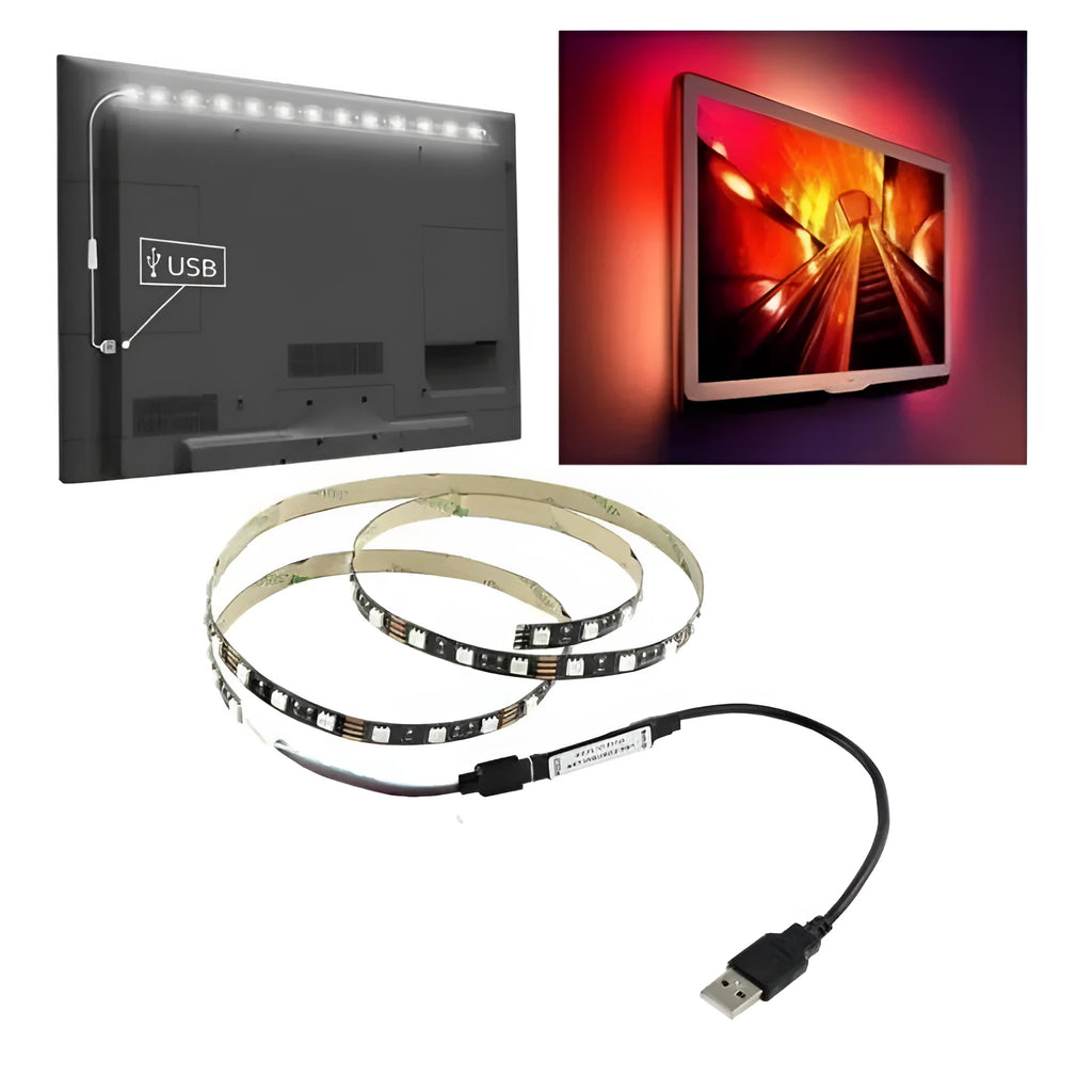 White flexible USB LED light strip showing SMD5050 LEDs, coiled next to its USB plug.