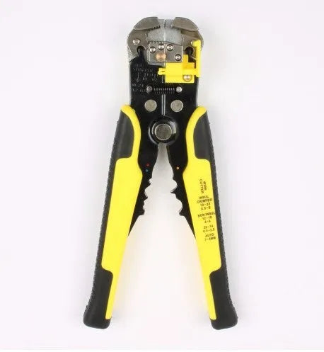 Yellow automatic wire stripper crimper cutter multitool with adjustment screw and alloy steel jaws