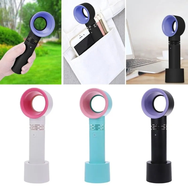 Compact portable bladeless fan on its base, shown in blue, with a USB cable for charging.