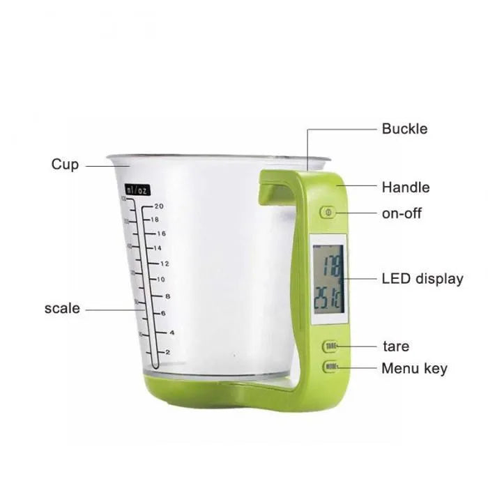 Green digital kitchen measuring cup with integrated LCD display showing weight and temperature measurements
