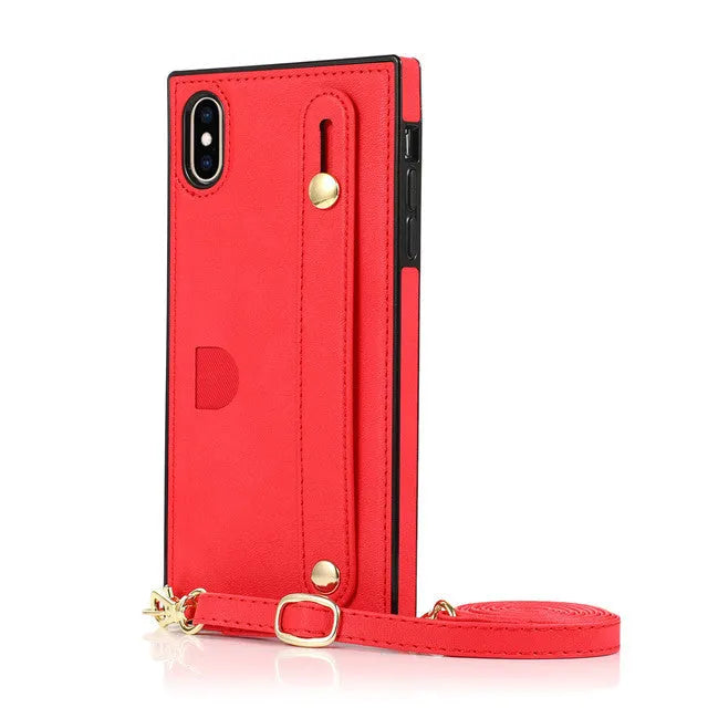 Leather iPhone case with card slots and wristband in black, red, rose gold, green or purple colours