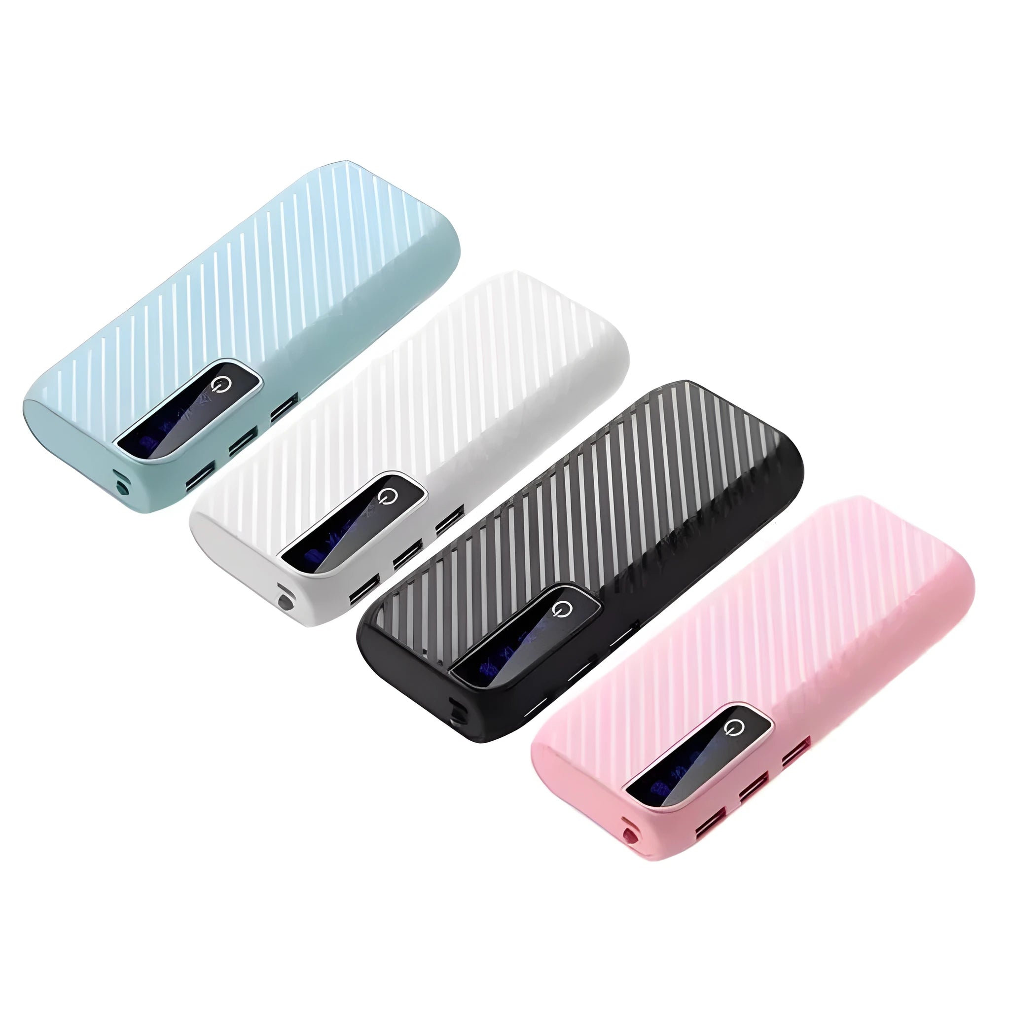20000mAh mini power bank in black, blue, pink, or white with compact 142mm size