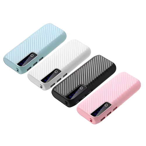 20000mAh mini power bank in black, blue, pink, or white with compact 142mm size