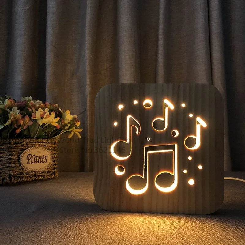 Wooden LED atmosphere light with warm white colour and USB cable, pine wood construction 19x19x3cm