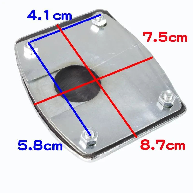 Metal motorcycle brake pedal skid plate accessory shown in three style variations.