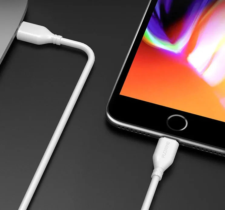 White nylon-braided USB-C to Lightning cable showing connectors and 1 metre length
