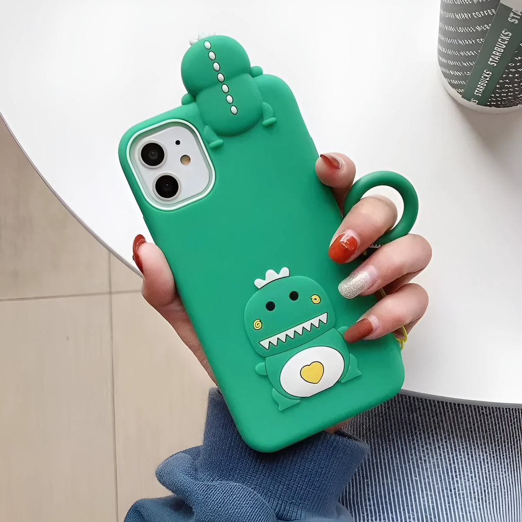 Green silicone iPhone case with cartoon animal design showing drop and waterproof protection features