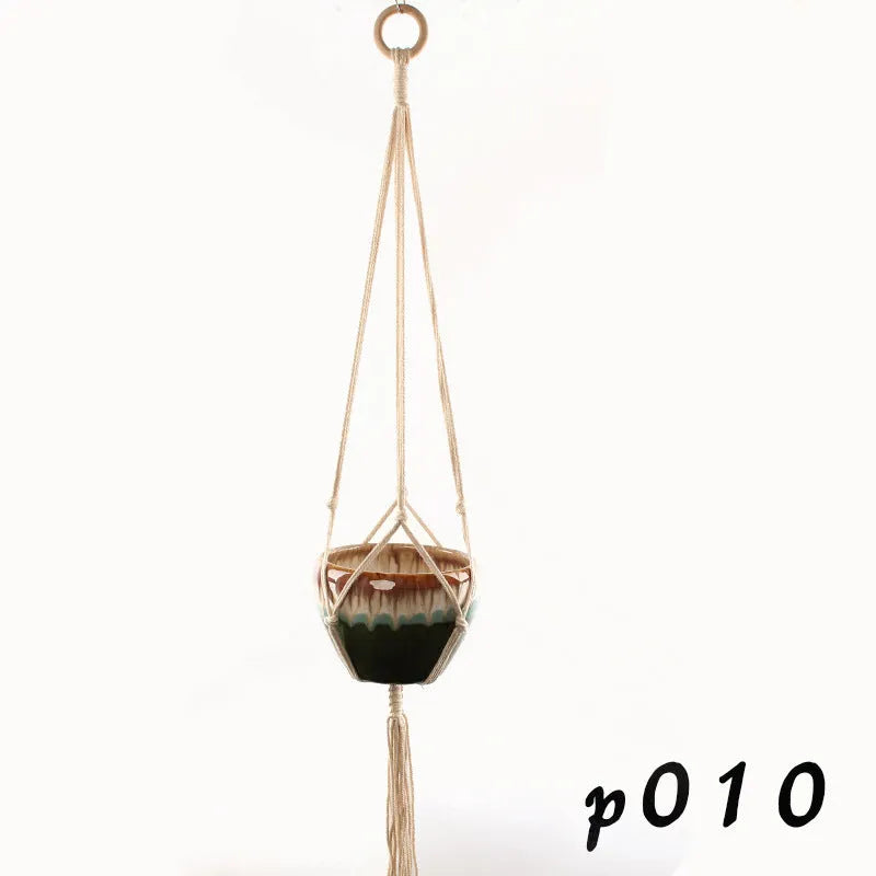 Cotton rope woven wire basket planter shown in desktop, wall hanging, and hanging configurations
