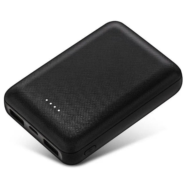Black and white 10,000mAh ultra-thin power bank with multiple USB ports