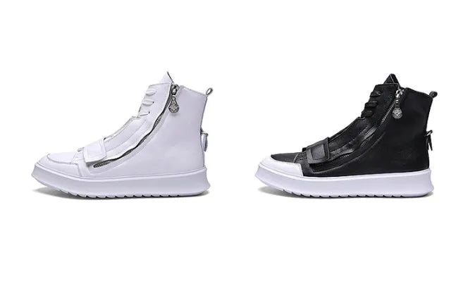 Men's black and white PU leather ankle boots with microfiber upper in high-top sneaker style.