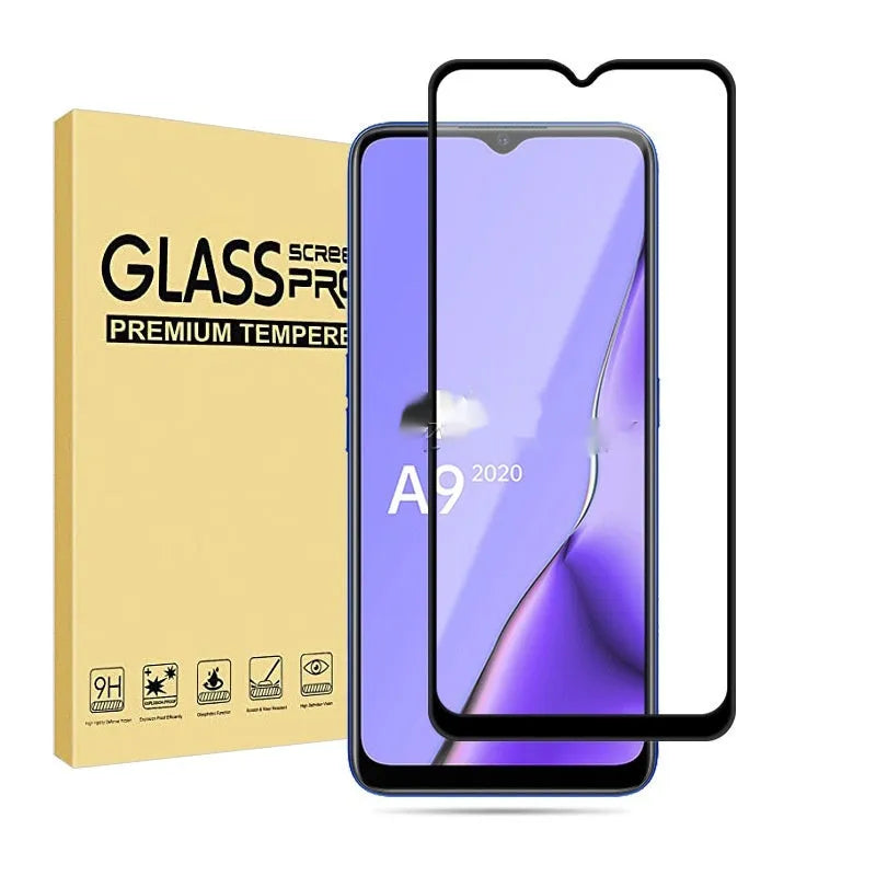 OPPO A9 2020 full screen tempered glass protector with black edges and full glue application