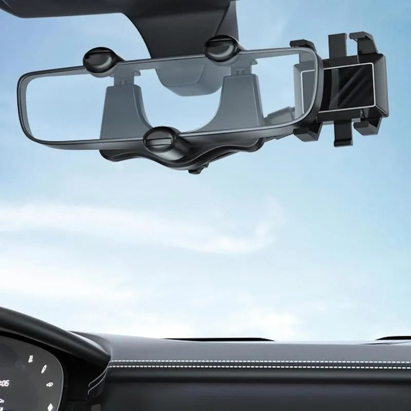 Black rearview mirror phone holder with telescopic arm and four-claw phone grip mounted on a car mirror