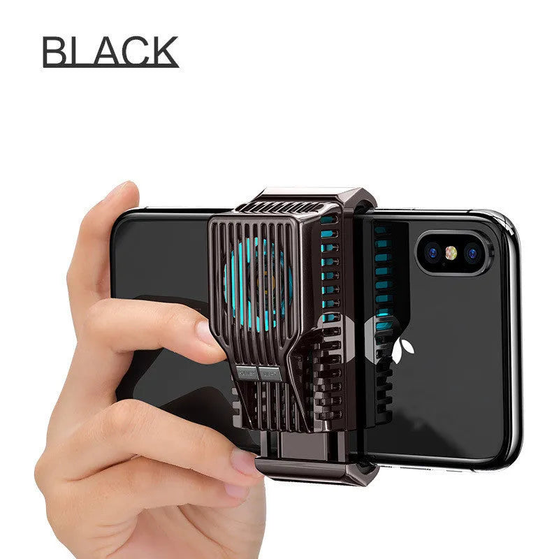 A black clip-on mobile phone radiator fan for 4-7 inch smartphones, shown with a USB data cable.
