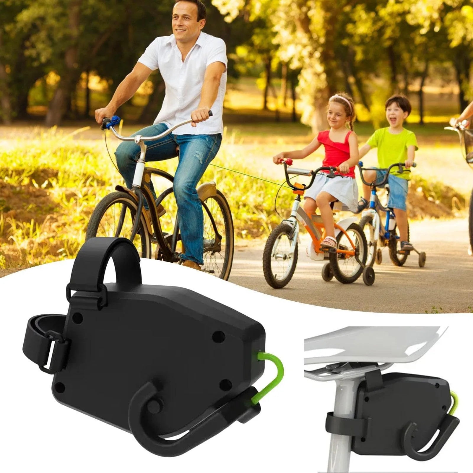 Black plastic bicycle trailer rope for connecting child carriers to mountain bikes