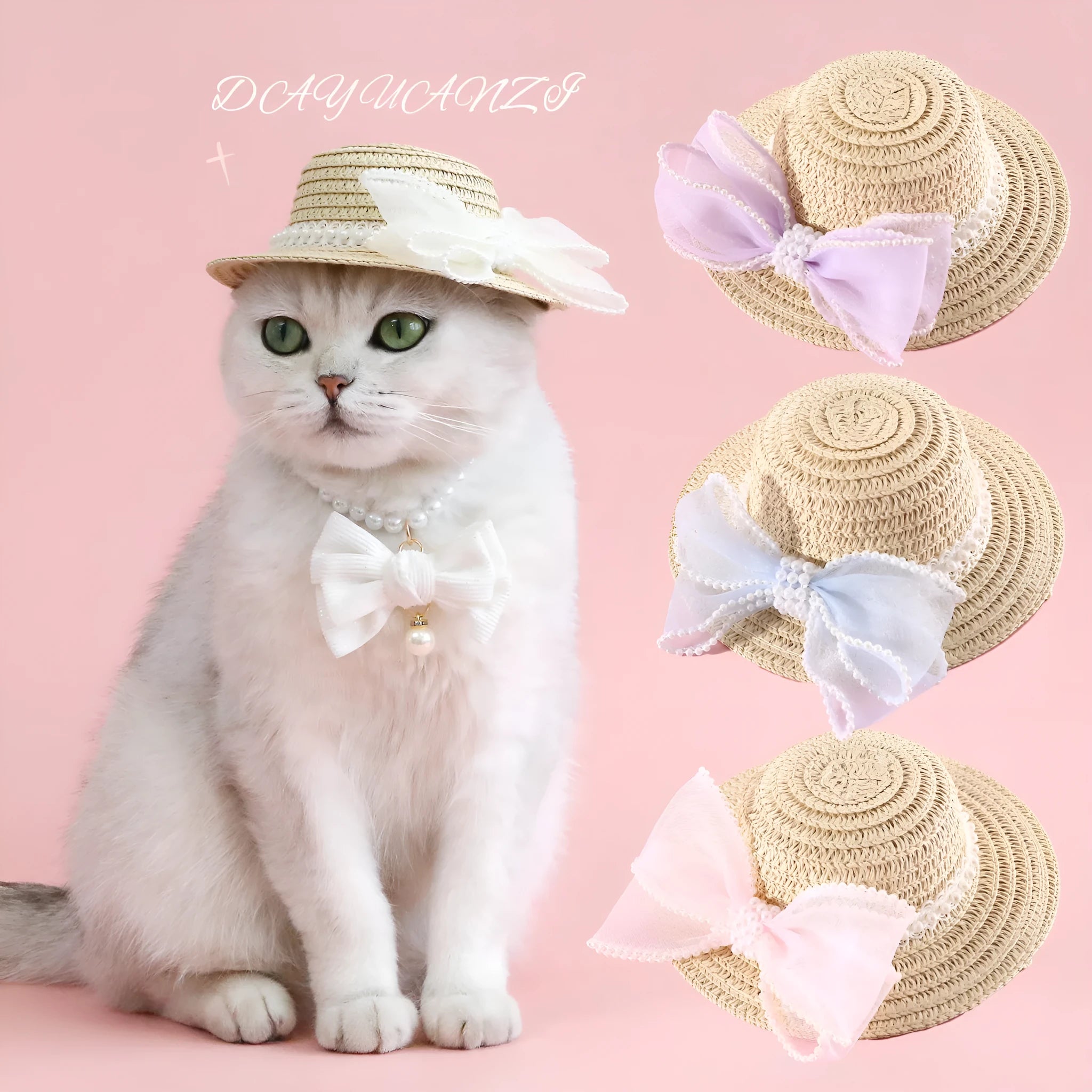 Woven straw pet cat hat with pearl bow in pink blue purple or white