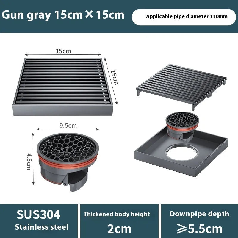 304 stainless steel courtyard floor drain with square 15x15cm gun grey grating