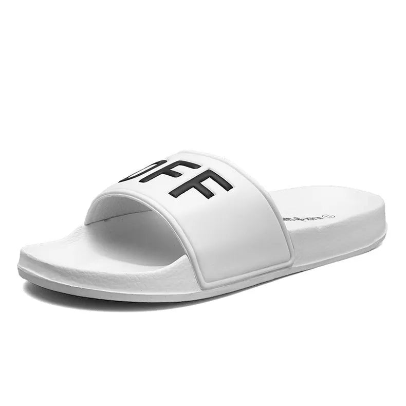 Large size men's personalised slippers with rubber sole and open toe design in black and white