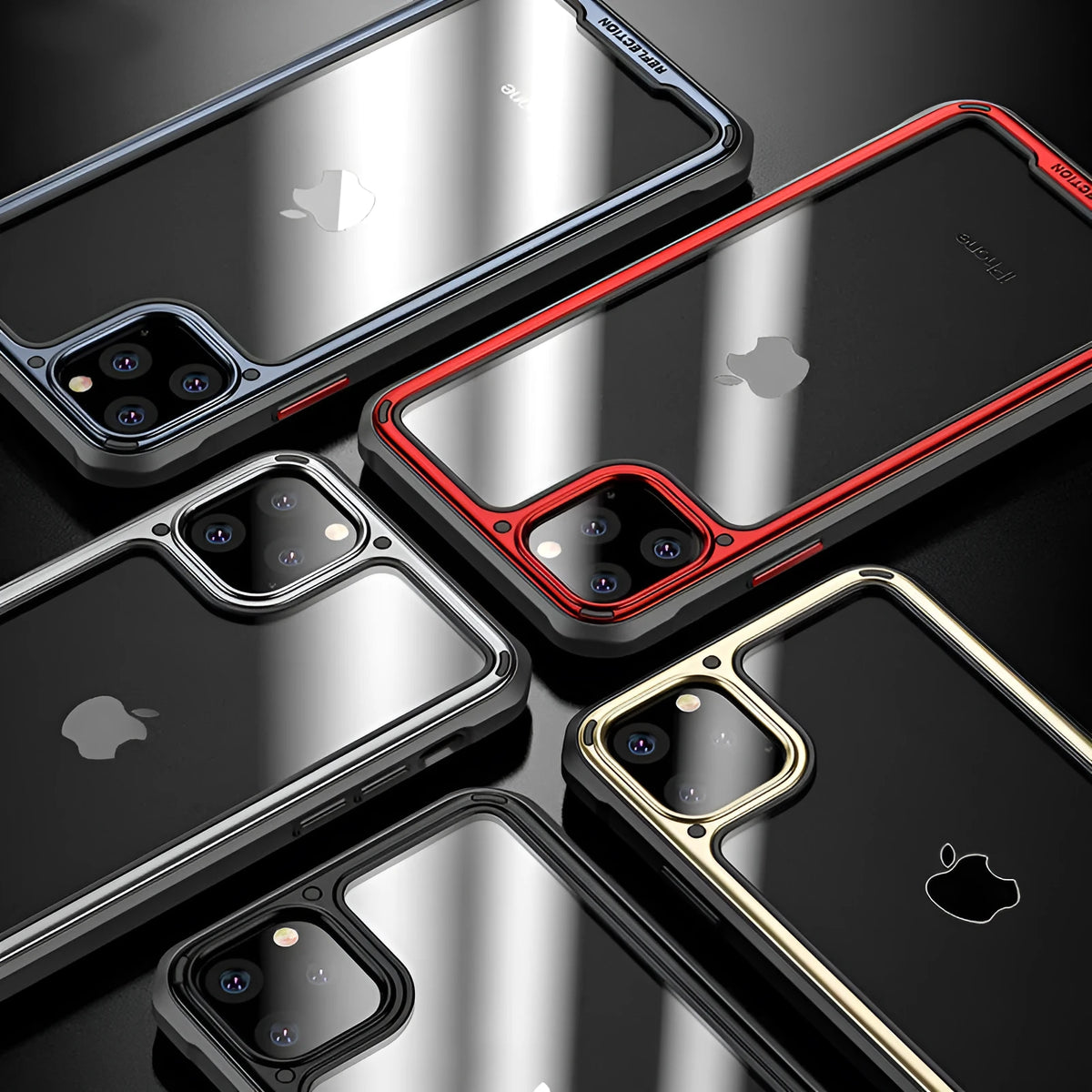 Transparent mobile phone case for Apple iPhone11 showing PU TPU construction with colour options