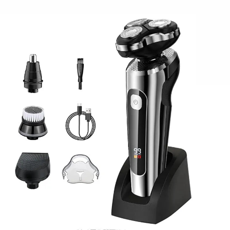 Digital display USB rechargeable beard trimmer with washable floating cutter head on charging base