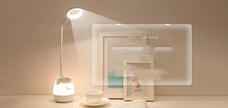 Green USB rechargeable touch table lamp with LED light source on wooden desk