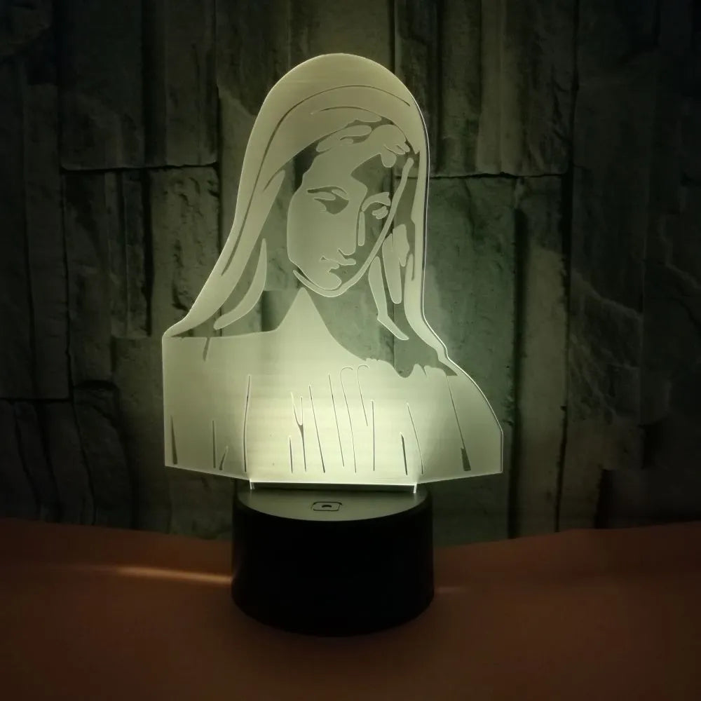 3D LED night light showing laser-engraved acrylic plate creating a stereoscopic dual-ring light pattern with colour change options.