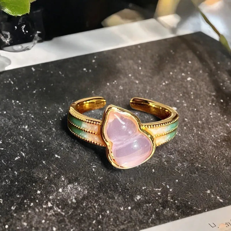 Copper gourd shaped ring with inlaid zircon and adjustable band in New Chinese style