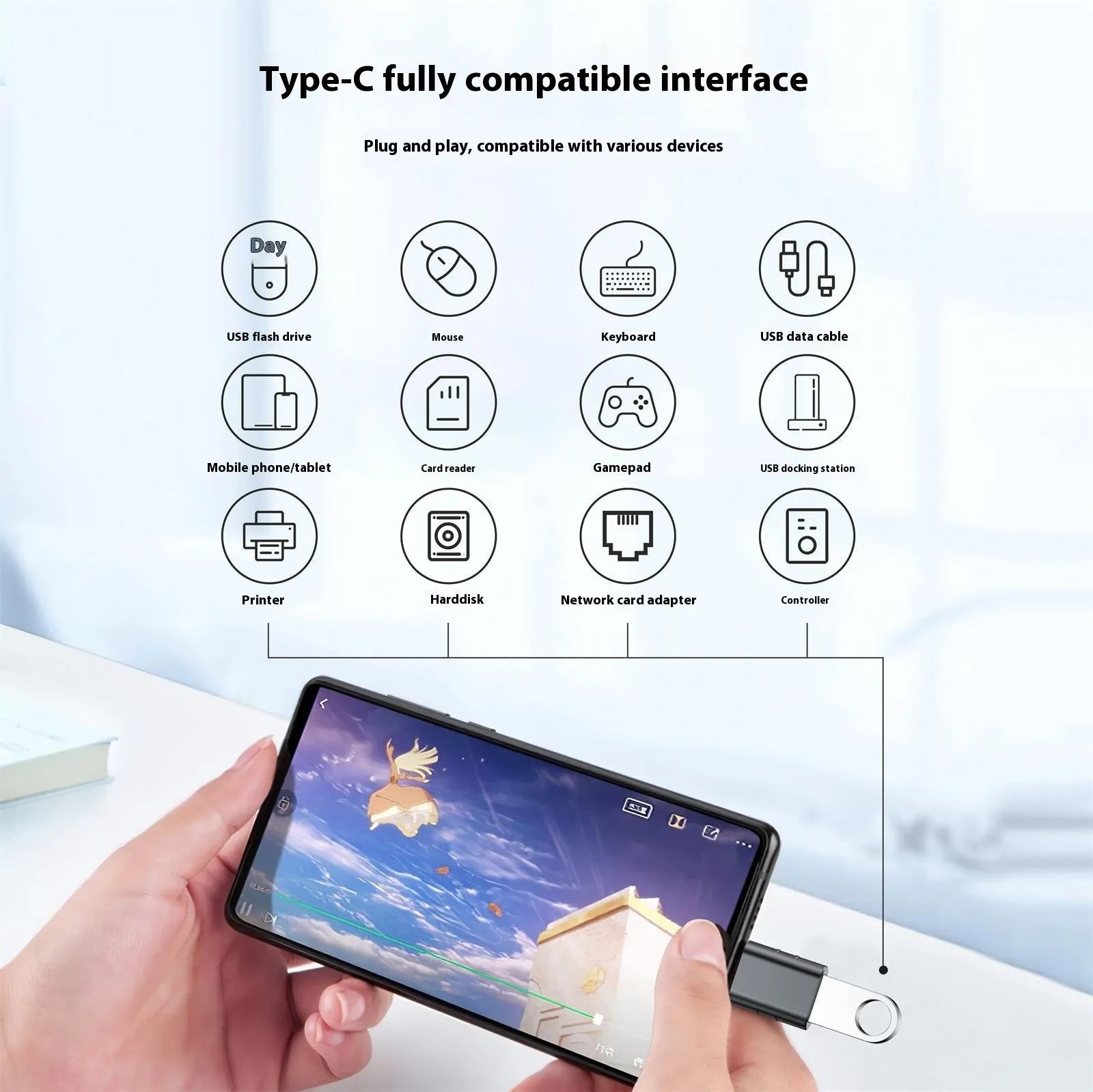 USB-C to USB-A adapter converter in metallic finish with zinc alloy shell