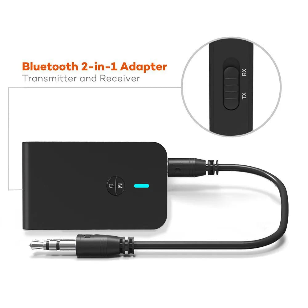 Black Bluetooth audio adapter with 3.5mm AUX jack for converting wired headphones to wireless operation