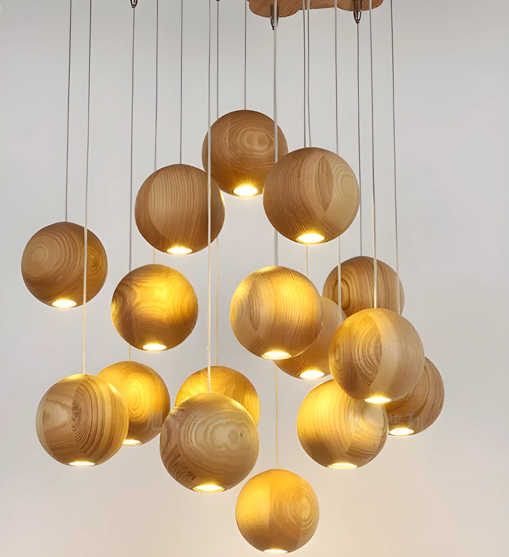 Nordic style solid wood ball chandelier hanging from ceiling with adjustable cord