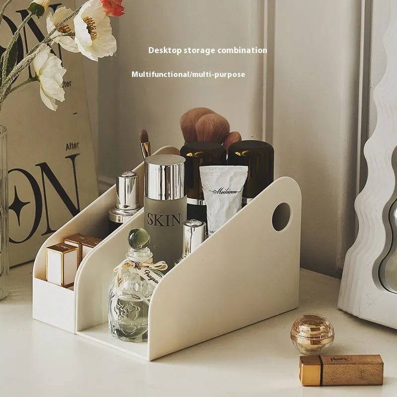 Desktop storage box with two grid compartments in plastic construction showing milk coffee and ivory white colour options