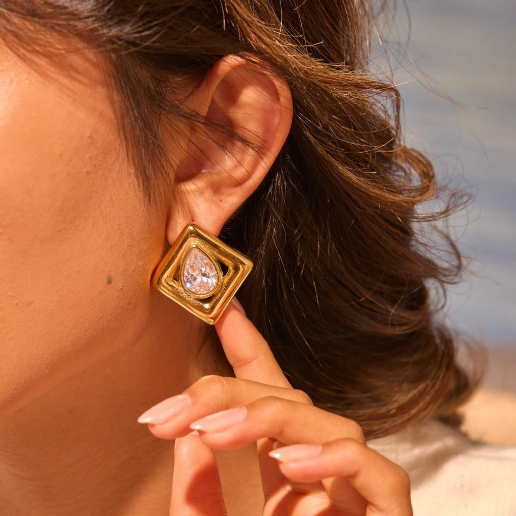 Gold geometric water drop earrings with zircon stones on stainless steel with 18K electroplated finish
