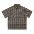 Men's black embroidered plaid shirt with letter detail on lapel and short sleeves