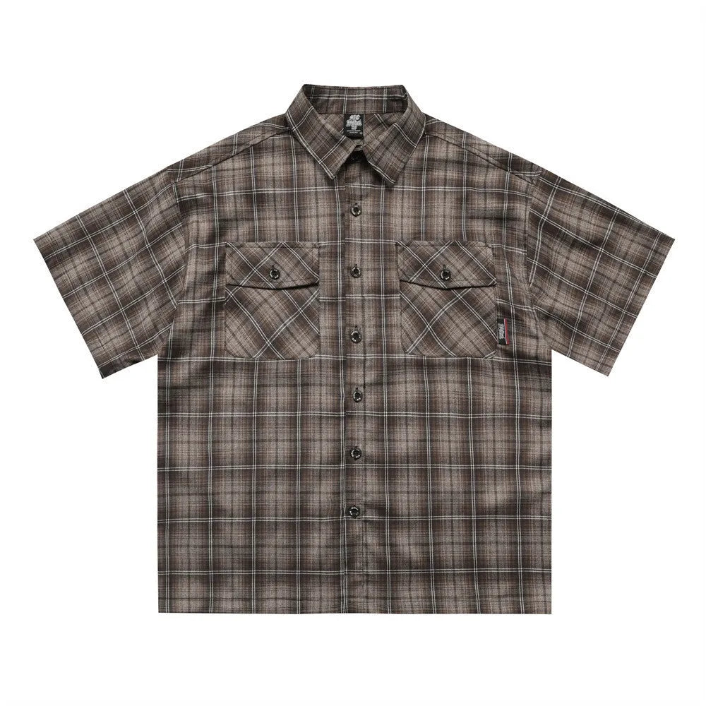 Men's black embroidered plaid shirt with letter detail on lapel and short sleeves