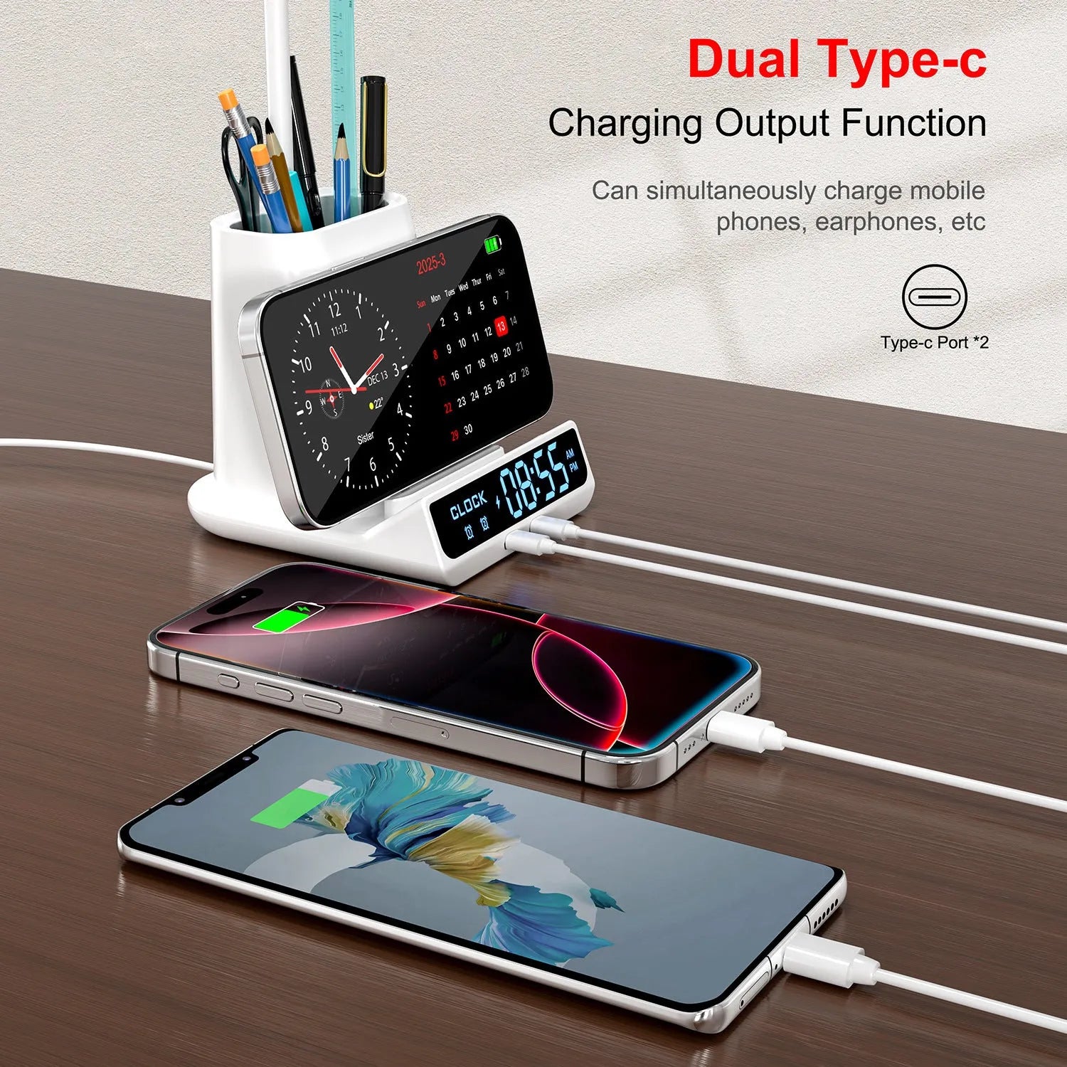 Wireless charging desk lamp with integrated pen holder and storage compartments in modern simplicity design