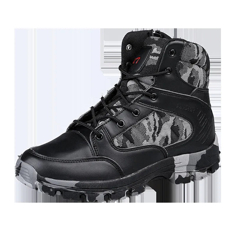 Men's high-top hiking shoes in green camouflage colour with artificial PU upper and metal accents.