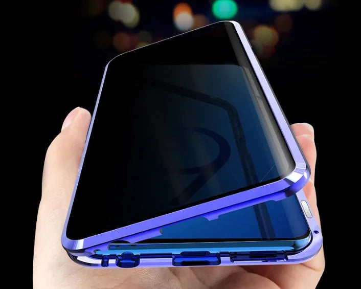 Magnetic privacy phone case for Samsung Galaxy with double-sided glass construction in black colour